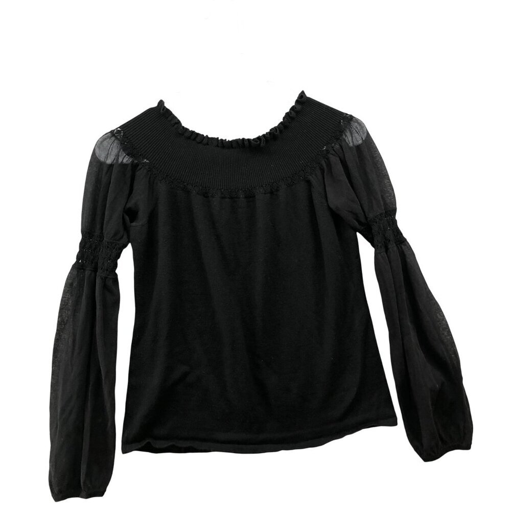 Elie Tahari Merino Wool Sweater Womens M Black Cinch Bubble Sleeve Off Shoulder